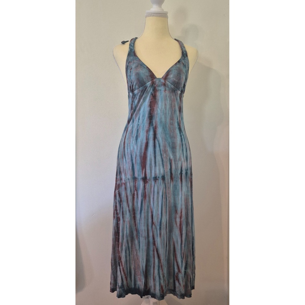 Vintage Lucky Brand Size S Tie Dye Halter Dress Swim Cover Up Babydoll Maxi Y2K